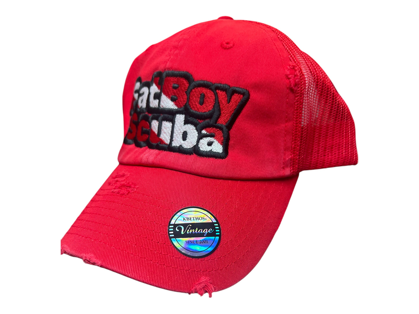 FatBoy Scuba Red Mesh Distressed Ball Cap