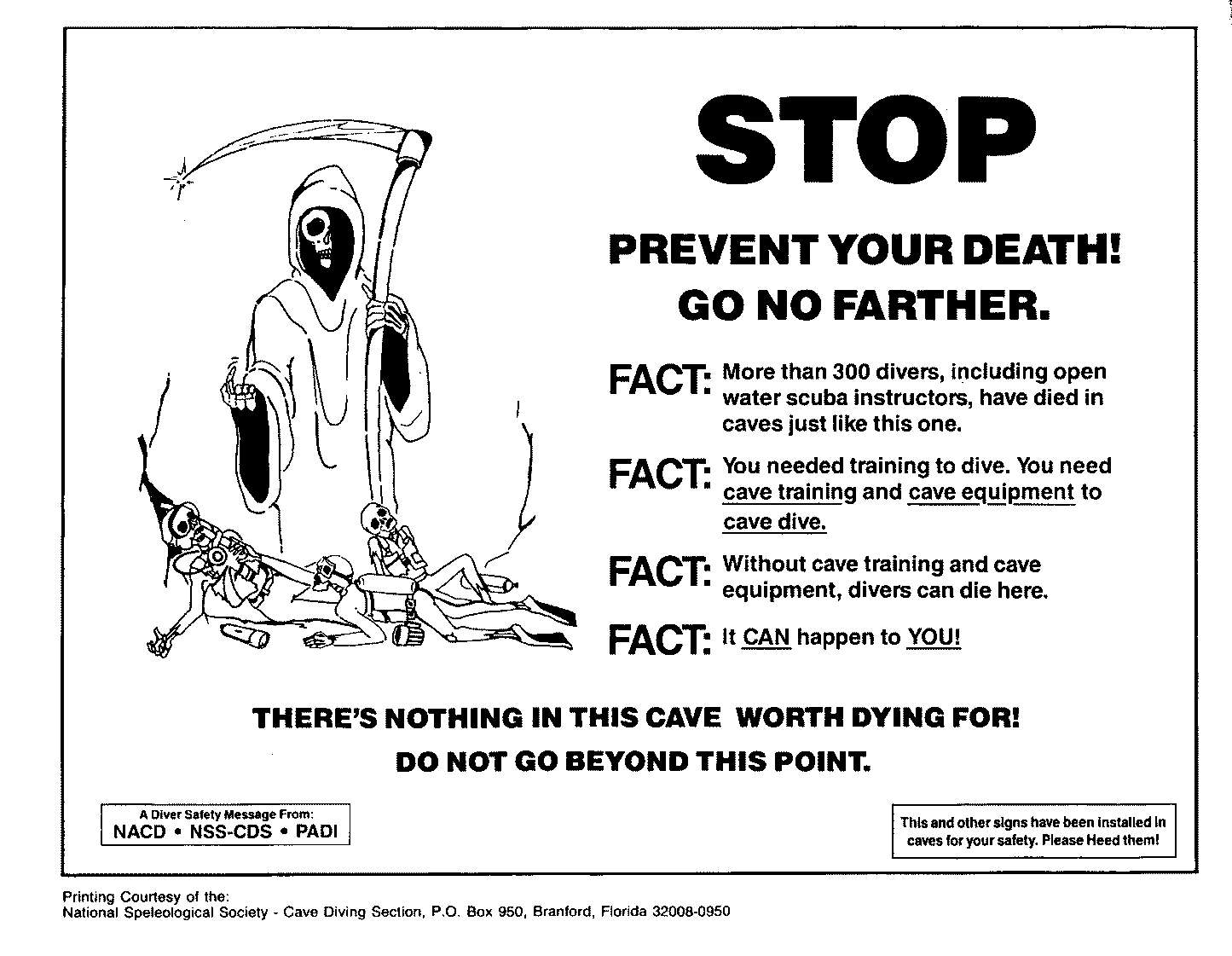 Scuba Cave Warning Sign Sicker- Free Shipping to the USA